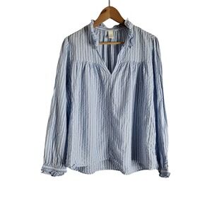HM Blue White Striped Ruffle Neck Blouse Seersucker V-Neck Breezy Coastal Top M